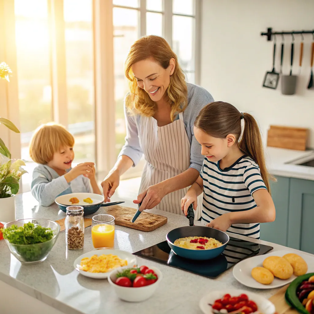 Family enjoying a breakfast cooking course